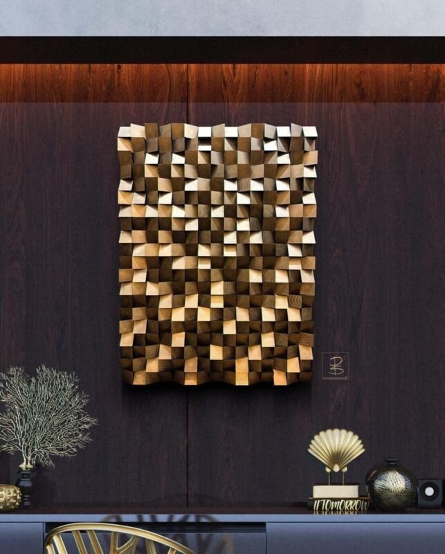 3D medinis paveikslas su juodu pagrindu ir auksuotais elementais